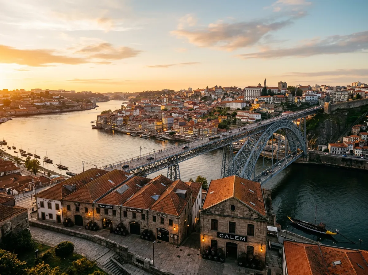 Vista panorâmica deslumbrante sobre a Ponte Luís I e as históricas caves de vinho do Porto em Gaia